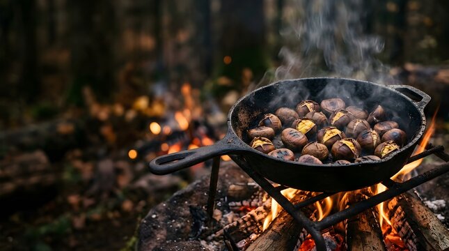Roasted chestnuts cooking in a cast iron skillet over an open campfire
