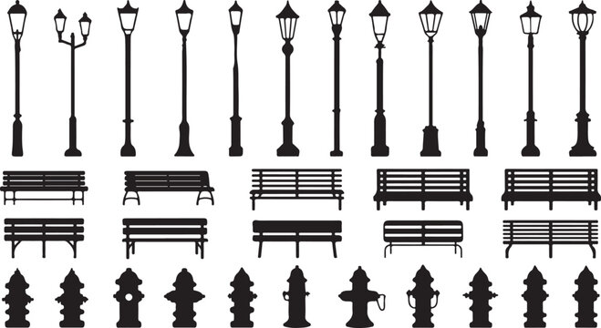 Detailed black vector illustration collection featuring various vintage street lamps park benches and fire hydrants for urban landscape design projects