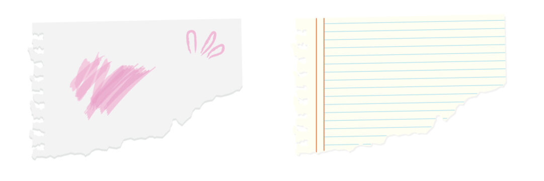 Set of two torn paper sheets with pink scribbles and lined paper texture vector illustration