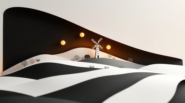 Minimalist landscape. Rolling hills, windmill, elephant present. Warm lighting creates serene mood. Abstract design, simple shapes.
