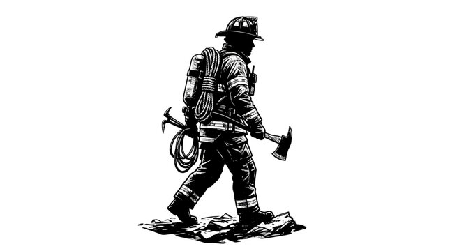 Firefighter in Full Gear Walking Through Snow with Rescue Equipment in Winter Emergency