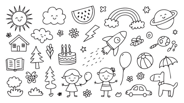 Delightful vector illustration of happy kids and whimsical elements in a playful doodle style with sun, clouds, rainbow, and various fun objects for kids