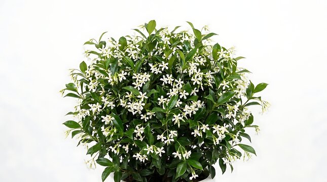 Star jasmine plant in bloom close up on white flowers and green foliage