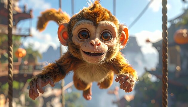 A monkey swinging on ropes with a joyful expression in an outdoor setting.