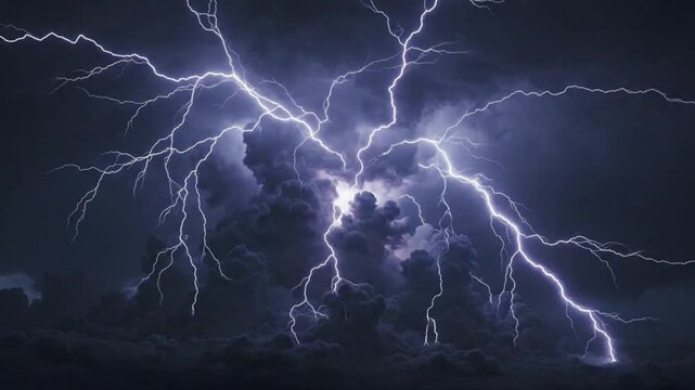 Powerful Lightning Strike Illuminates Dark Stormy Sky, Electric Discharge