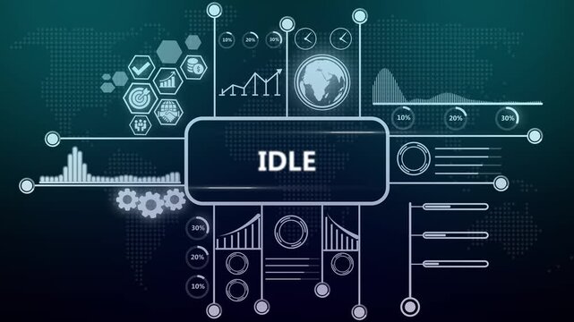 Digital dashboard interface with idle status and animated data analytics