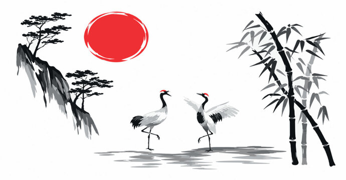 Traditional Japanese Sumi-e Style Art with Red-Crowned Cranes Dancing under a Red Sun, Featuring Bamboo and Mountain Landscape Elements for Zen Oriental Nature Vector Background.