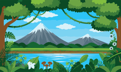 Tropical Jungle Landscape Vector Illustration featuring Snow-Capped Mountains, a Flowing River, Lush Green Forest, Exotic Plants, and a Clear Blue Sky for Nature and Adventure Backgrounds. © raja