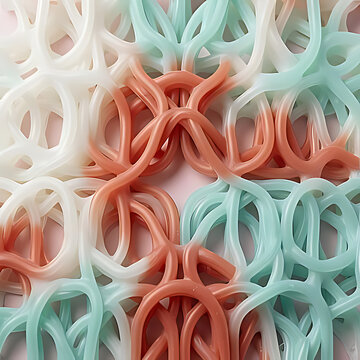 Extreme macro shot of a futuristic knit textile, resembling frozen foam or marshmallow air structure, volumetric 3D knitting, repeating intricate geometric relief like honeycomb and parabolic arches, 