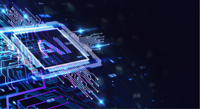 Glowing ai microchip with neon circuits on a dark background representing artificial intelligence and technology