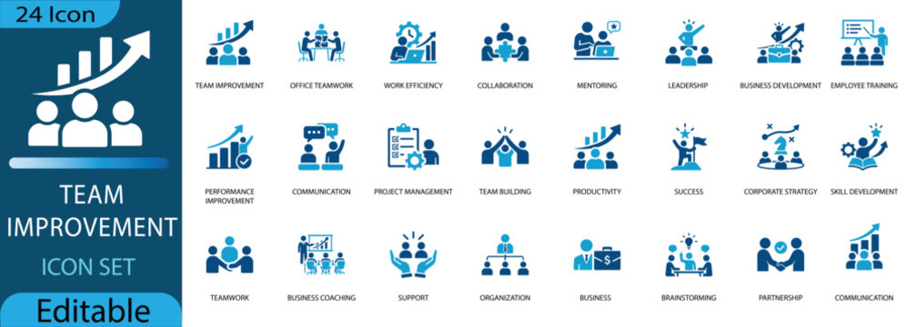 Corporate team improvement and business management icon set. Editable vector glyphs for teamwork, productivity, leadership, corporate strategy, and collaboration.