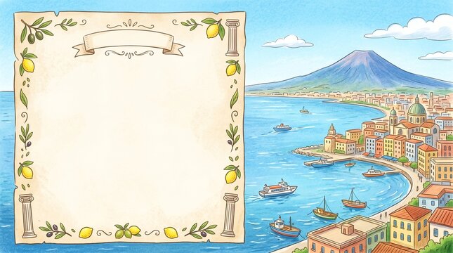 Generami uno sfondo di Napoli e il suo golfo con il vesuvio su cui deve essere scritta una tesina di 3 media dove ce spazio per scrivere il titolo e il testo pero senza griglia per scrivere (1)