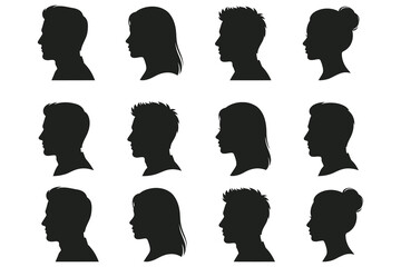 People head silhouettes vector set profile portrait of men and women with diverse hairstyles isolated on white background © MdJherulIslam