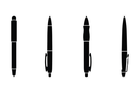 Pen silhouettes vector set black shapes of ballpoint pens gel pens and office writing tools isolated on white background