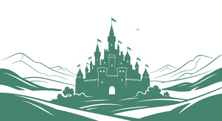 Green Castle Illustration with Towers. © Pantun