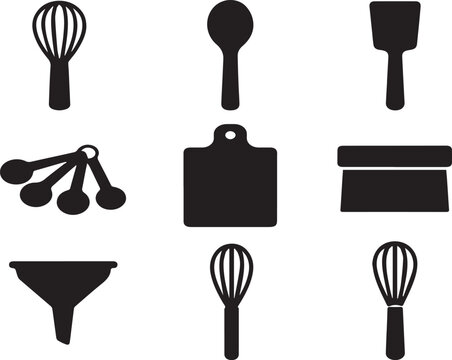 Essential Kitchen and Baking Utensil Silhouettes Vector Set; High-Quality Minimalist Icons featuring Whisk, Spatula, Measuring Spoons, Funnel, Scraper, and Cutting Board for Pro Graphics.