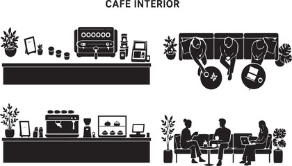 Naklejka premium Modern Cafe Interior Vector Illustration Silhouettes Featuring Coffee Shop Counters with Espresso Machines, Pastry Displays, and People Socializing, Drinking Coffee, and Working on Laptops.