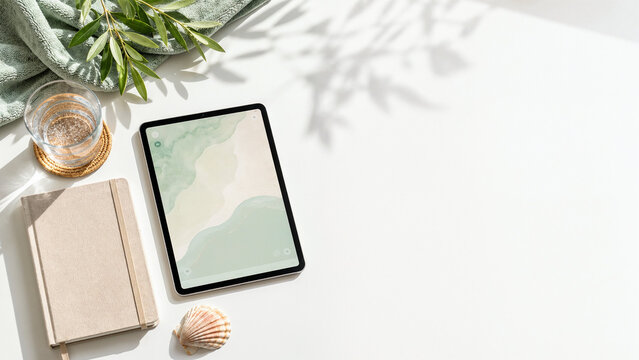 夏のウェルネスリトリートの旅行計画をイメージした白い机上のフラットレイ　タブレットと木漏れ日の背景素材　コピースペース