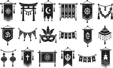 Naklejka premium Comprehensive Vector Silhouette Collection of Global Religious and Cultural Symbols Featuring Islamic Crescent, Christian Cross, Hindu Om, Buddhist Wheel, and Traditional Banners and Icons