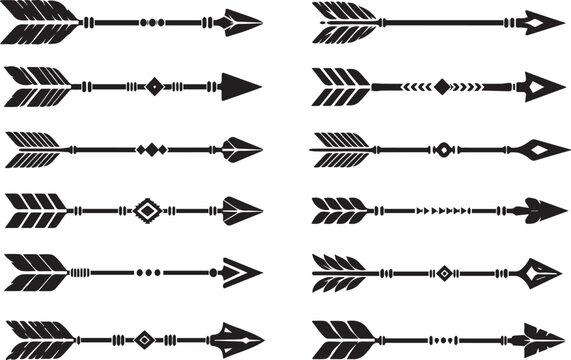 Set of 12 Tribal Boho Arrow Silhouettes - Hand-Drawn Style Ethnic Arrows with Feathers and Geometric Patterns for Tattoos, Invitations, Wedding Decor, and Creative Graphic Design Projects.