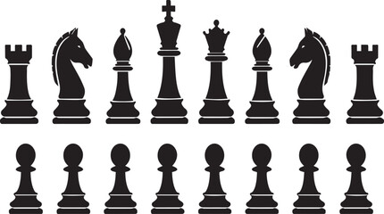 Black Chess Piece Silhouettes Set with King Queen Rook Bishop Knight and Pawn Icons for Strategic Game Board Play Competition and Logic Design Elements Isolated on White Background © Sadek