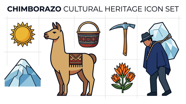 Chimborazo culture vector icons featuring llama, mountain, sun, and traditional textile.