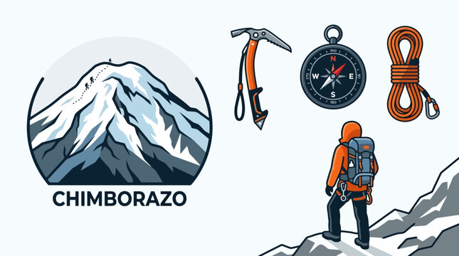 Chimborazo mountain peak illustration with mountaineers climbing in Ecuador