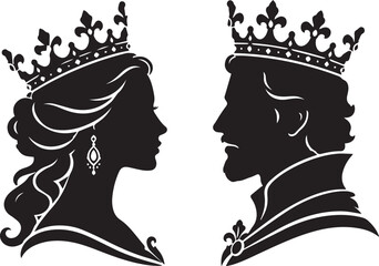 Fototapeta premium Elegant King and Queen Silhouette Vector Illustration Featuring Royal Profile Portraits with Ornate Crowns and Majestic Details for Luxury Branding, Wedding Invitations, and Noble Themes.