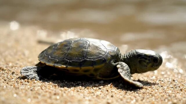 A tiny green sea turtle hatchling crawls across the sandy beach towards the ocean symbolizing new life and marine conservation efforts