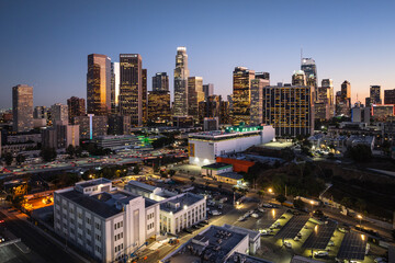 Aerial view of the Los Angeles skyline at night in California. © Chenxiaoyang