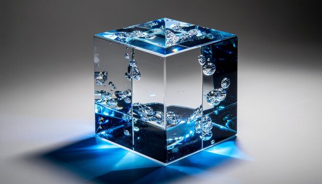 A glowing blue cube filled with floating molecules is displayed on a dark surface with a bright light.