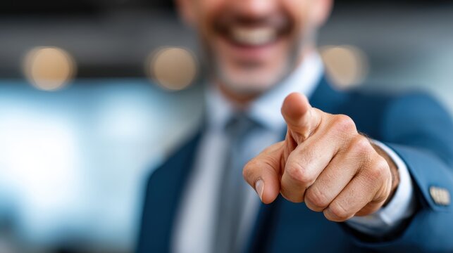The businessman smiled and pointed to his subordinate, indicating that the business negotiations in the office had been successful and satisfactory.