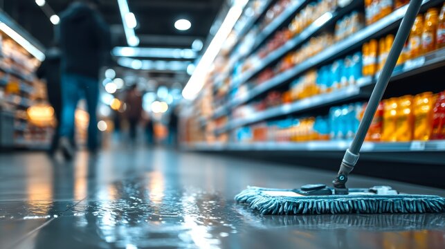 Water spilled on the floor in the supermarket, and a staff member was cleaning it up with a mop.