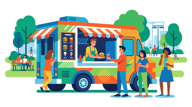 Flat vector illustration of a modern food truck business in a green city park, featuring a male vendor serving fast food like burgers and beverages to diverse people in a queue.