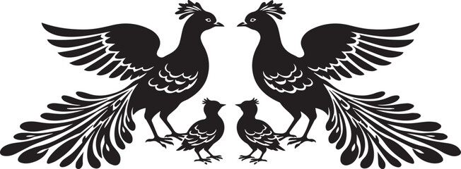 Fototapeta premium Decorative Bird Family Vector Illustration - Ornate Symmetrical Peacock Silhouette for Wall Decal, Laser Cut Art, and Tribal Folk Design - Elegant Black and White Mythical Bird Graphic.