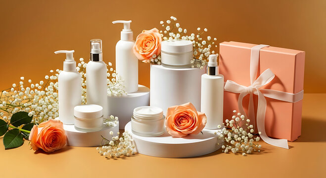 Cosmetic bottle mockup with gift box and roses on white podium display