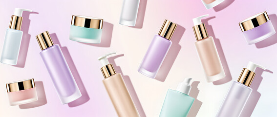 Obraz premium Cosmetic bottles and skincare cream jars pattern background in pastel gradient tones for beauty product packaging mockup and commercial design