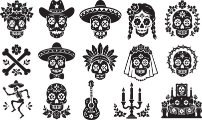 Obraz premium Detailed Day of the Dead Sugar Skull Vector Icons Set for Dia de los Muertos Projects Featuring Mexican Calaveras with Sombreros, Floral Crowns, Guitar, Altar, and Skeleton Stencil Designs.