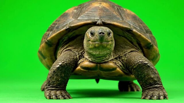 A large tortoise captured in a detailed front view studio shot looking directly at the camera on a vibrant green screen background for easy isolation