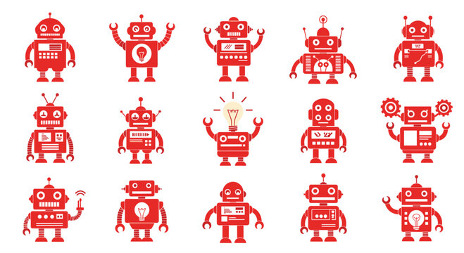 Collection of fifteen red robot characters with different designs and features in a grid layout on a white background.