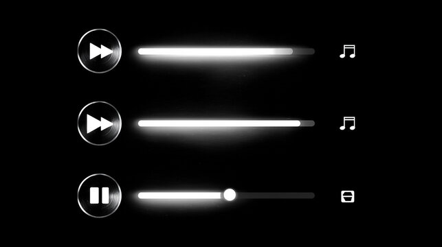 Minimal music player interface with glowing progress bars and playback controls on black background, audio streaming and digital media concept, modern multimedia technology illustration