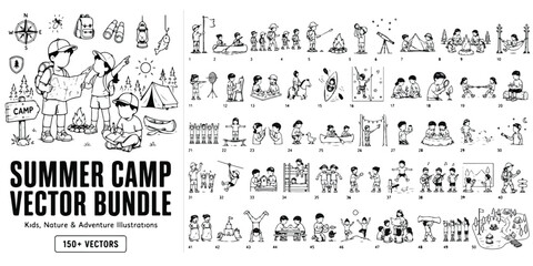 Summer camp vector bundle, 150+ hand drawn kids nature and adventure illustrations, black and white outdoor camping activity icons for children © 爱心binragh