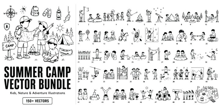 Summer camp vector bundle, 150+ hand drawn kids nature and adventure illustrations, black and white outdoor camping activity icons for children