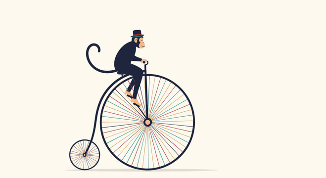 Humorous illustration of a monkey in a top hat riding a vintage penny-farthing bicycle with colorful spokes.
