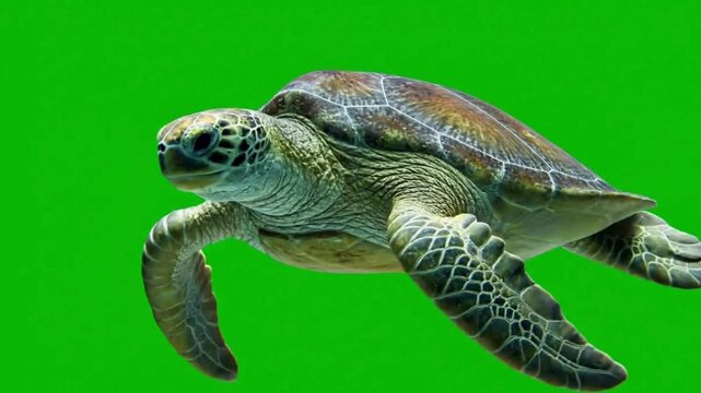 Green sea turtle swimming gracefully underwater isolated on a vibrant green background ideal for compositing and wildlife conservation projects