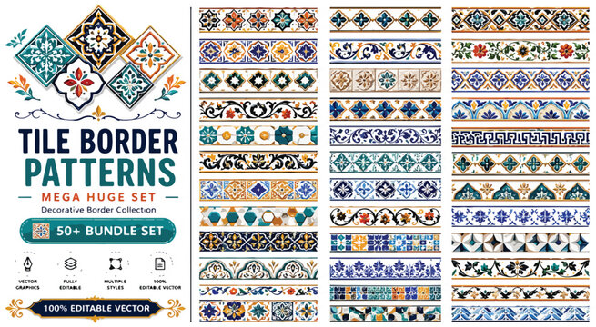 Mediterranean Tile Border Patterns Mega Huge Set, 50+ Decorative Border Collection, Ornate Moroccan and Spanish Mosaic Vector Graphics for Interior Design