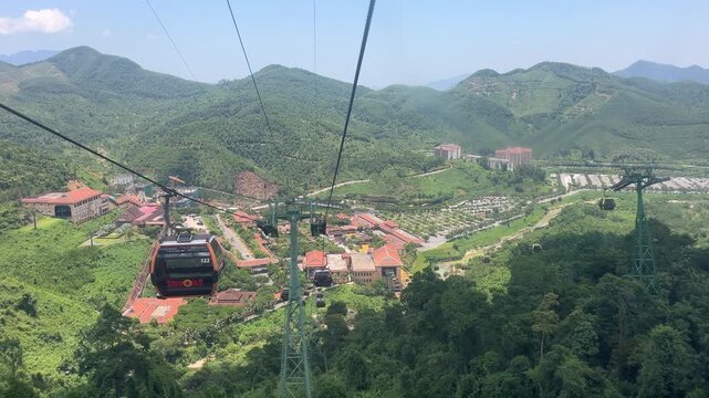 4K Aerial View of Sun World Ba Na Hills Cable Car in Da Nang, Vietnam