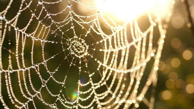 Dewdrops on Spiderweb at Sunrise, Macro Photography, Nature's Delicate Art