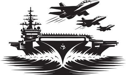 Military Aircraft Carrier and Fighter Jets Vector Illustration - High Contrast Naval Defense Warship at Sea with Flying Air Force Planes - Combat Ready Navy Vessel Silhouette Design © Sadek