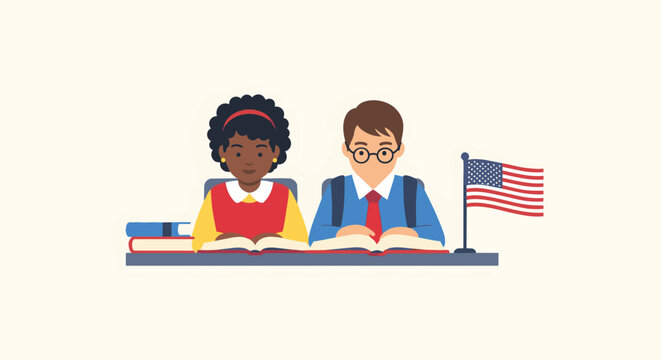 Two diverse students sit together at a desk reading a book while a small American flag stands nearby the bright classroom conveys learning and teamwork in a welcoming school environment